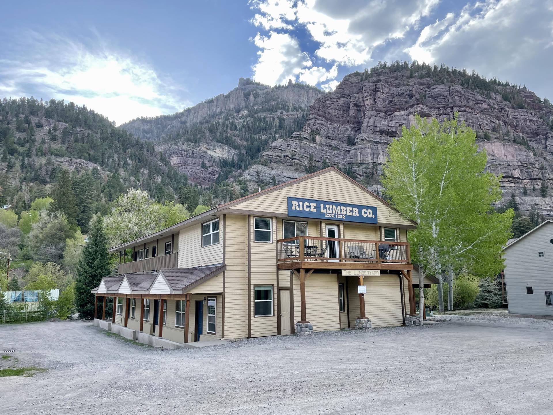 The restored Rice Lumber Co. building that houses The Lumberyard Condos, below the canyon walls