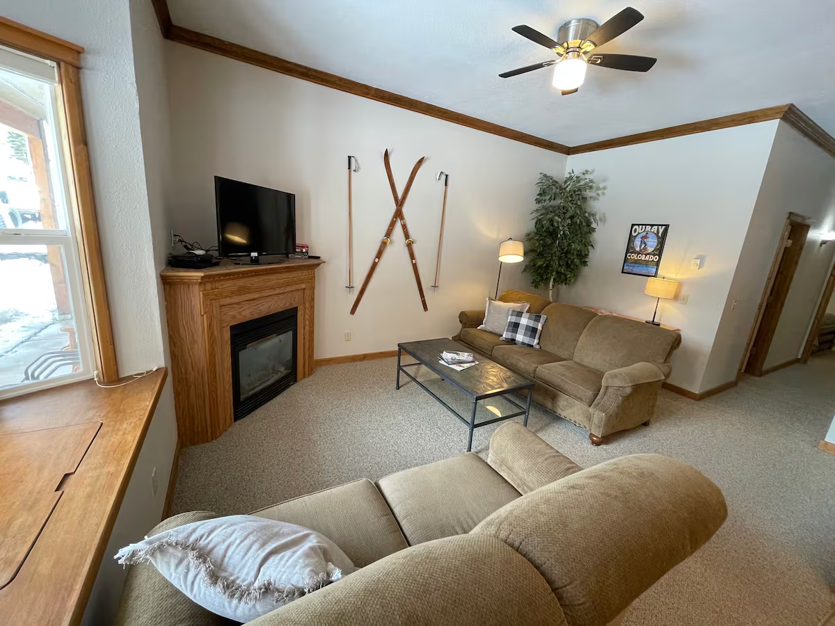 Living room with a gas fireplace, a television on the mantel and vintage skis and poles mounted on the wall